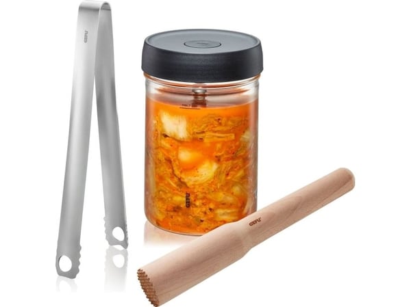 GEFU NATIVO, Grønnsaker, 1 l, Glass, Plast, Rustfritt stål, Tre, Brun, Rustfritt stål, Gjennomsiktig, 1,5 kg