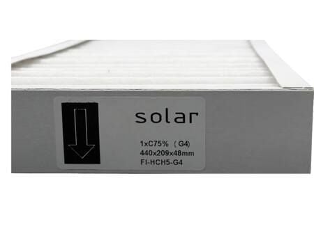 Panelfilter, filterklasse G4 til Dantherm HCH5 i papramme, 1 stk. ISO C75%. Mål 440x209x48 mm. Der anvendes 2 stk. pr. anlæg.