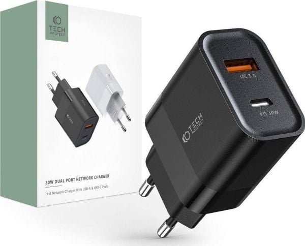 30W USB QC3.0 + USB-C PD Tech-Protect C30W Vegglader svart