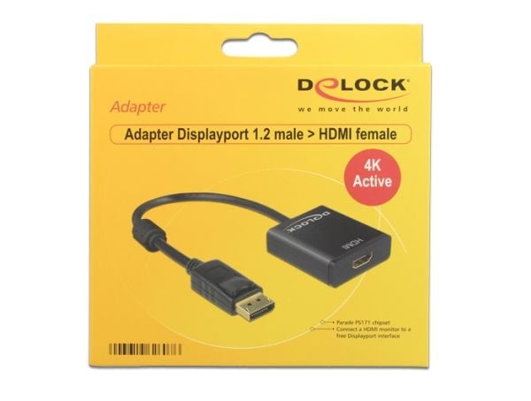Delock Adapter Displayport 1.2 male > HDMI female 4K Active - Videokonverter - Parade PS171 - DisplayPort - HDMI - svart - løsvekt