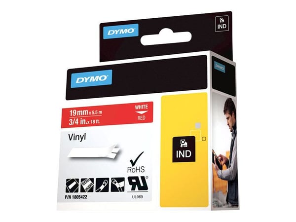 DYMO Rhino Coloured Vinyl - Vinyl - permanet adhesiv - hvitt på rødt - Roll (1.9 cm x 5.5 m) 1 kassett(er) tape - for DYMO ILP219; Rhino 1000, 4200...