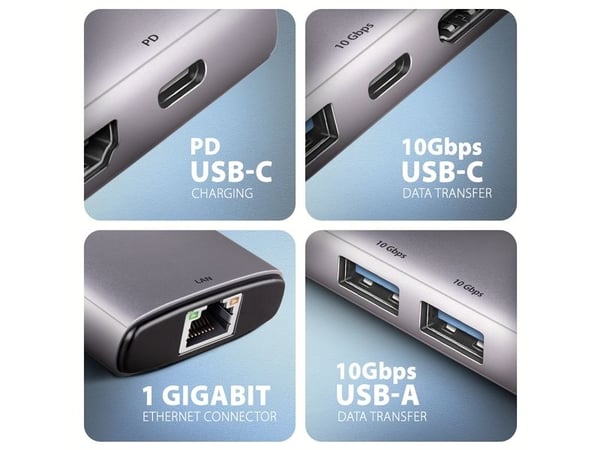 Axagon HMC-6G2L, Koblet med ledninger (ikke trådløs), USB 3.2 Gen 2 (3.1 Gen 2) Type-C, 100 W, 1.4/2.3, 10,100,1000 Mbit/s, IEEE 802.3ab, IEEE 802.3au
