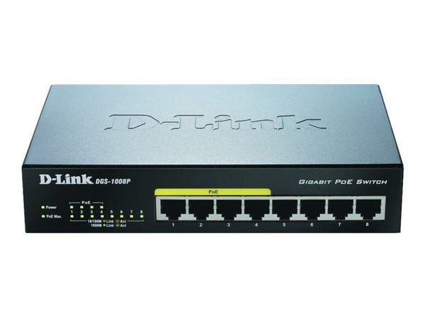 D-Link DGS 1008P - Switch - ikke-styrt - 4 x 10/100/1000 (PoE) + 4 x 10/100/1000 - stasjonær - PoE
