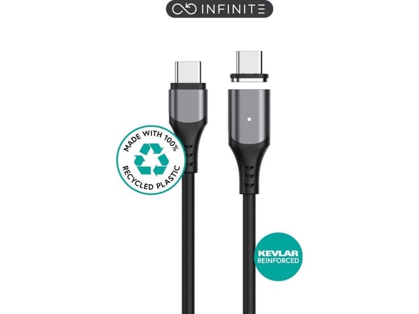 eSTUFF INFINITE - USB-kabel - USB-C (hann) rett til USB-C (hann) magnetisk - USB 2.0 - 2 m - 100 % resirkulert plast, USB-C Power Delivery (100W) -...