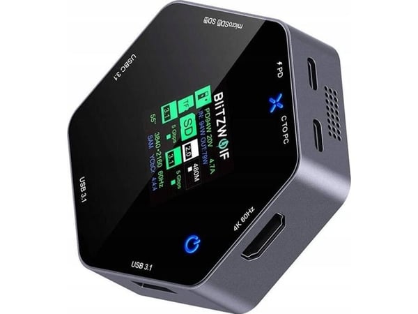 Blitzwolf telakointiasema/replikaattori 8in1 Blitzwolf BW-TH16 USB 100W LCD Smart Display USB-C 3.1, 2xUSB-A 3.1, USB-C PD 100W, HDMI 4K60hz, TF/SD...