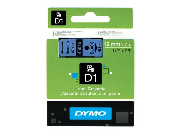 Teksttape, Dymo D1, 12 mm, sort/blå