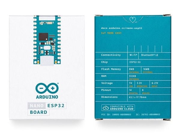 Arduino Nano ESP32, 240 MHz, u-blox NORA-W106, 128 MB, 512 KB, Arduino, Beräkningsmodul