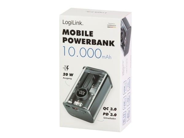 Logilink - strømbank - med skjerm - 10000 mAh - 20 watt - 3 A - PD 3.0, Quick Charge 3.0 - 2 utgangstilkoblingspunkter (USB-C (PD), 4 pins USB Type...
