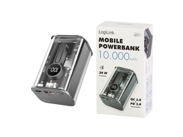 Logilink - strømbank - med skjerm - 10000 mAh - 20 watt - 3 A - PD 3.0, Quick Charge 3.0 - 2 utgangstilkoblingspunkter (USB-C (PD), 4 pins USB Type...