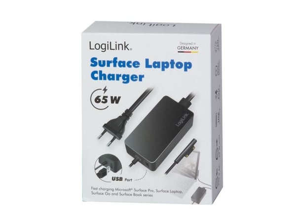 LogiLink-virtalähde Surface-kannettaville, 65 wattia, musta yhteensopiva Microsoft Surface Pro/Surface Laptop/ kanssa - 1 kpl (PA0309)