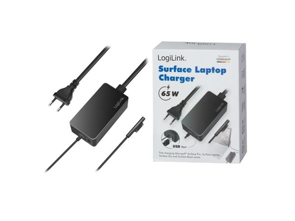 LogiLink-virtalähde Surface-kannettaville, 65 wattia, musta yhteensopiva Microsoft Surface Pro/Surface Laptop/ kanssa - 1 kpl (PA0309)