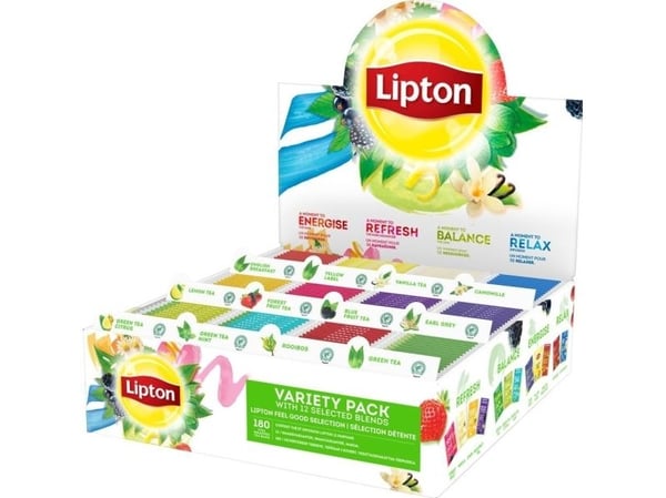 Te Lipton med 180 tebreve, i 12 varianter, i displayæske