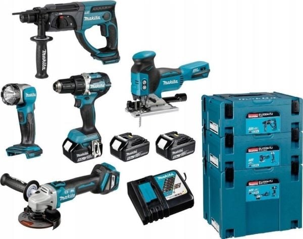 Makita elverktøysett, COMBO 18V DDF484 + DGA513 + DHR202 + DJV181 + DML802