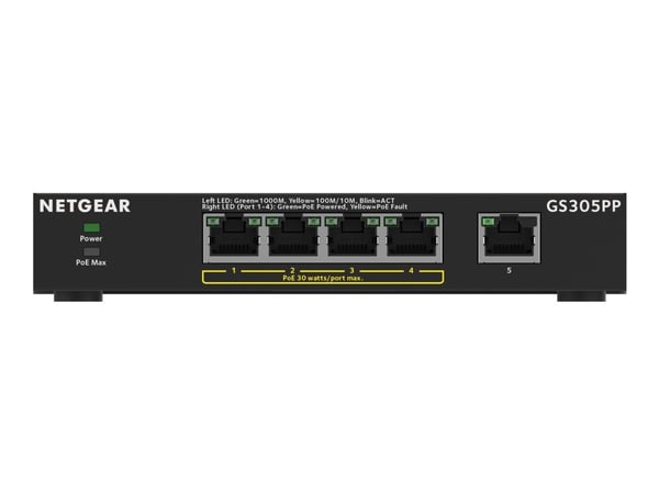 NETGEAR 300 Series GS305PP - Switch - SOHO - ohanterad - 5 x 10/100/1000 (4 PoE+) - skrivbordsmodell, väggmonterbar - PoE+ (83 W)