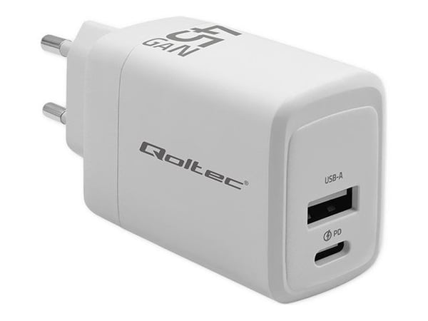 Qoltec - Strømadapter - GaN, 5-20V, 1.5-3A - 45 watt - 3 A - PD, QC 3.0 - 2 utgangskontakter (USB, USB-C (PD)) - hvit