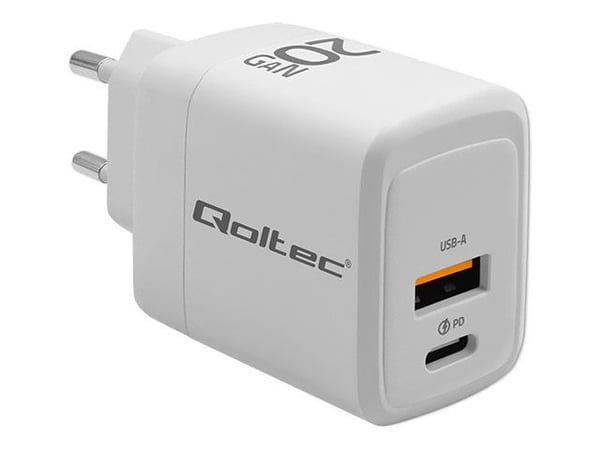 Qoltec - Strømadapter - GaN, 5-20V, 1.5-3A - 20 watt - 3 A - PD, QC 3.0 - 2 utgangskontakter (USB, USB-C (PD)) - hvit Qoltec - Strømadapter - GaN, 5-20V, 1.5-3A - 20 watt - 3 A - PD, QC 3.0 - 2 utgangskontakter (USB, USB-C (PD)) - hvit