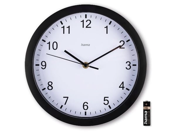 Hama Elba, Vegg, Kvartsklokke, Rund, Svart, Hvit, Plast, Glass
