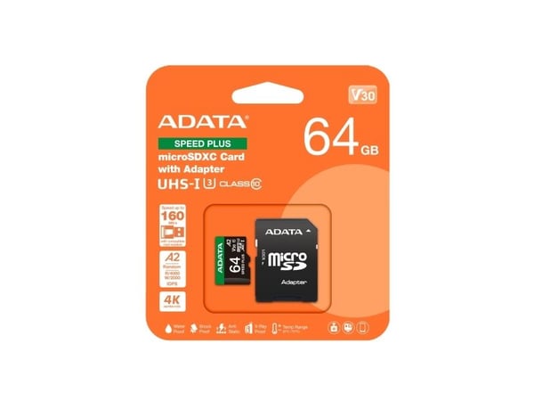 ADATA Speed Plus MicroSDXC-kort 64 GB klasse 3 UHS-I/U3 A2 V30 (UD64GUI3V30A2SP-RA1)