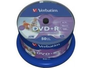 Verbatim DVD+R Wide Inkjet Printable No ID Brand, DVD+R, 120 mm, Utskriftsbar, Spindle, 50 stykker, 4,7 GB