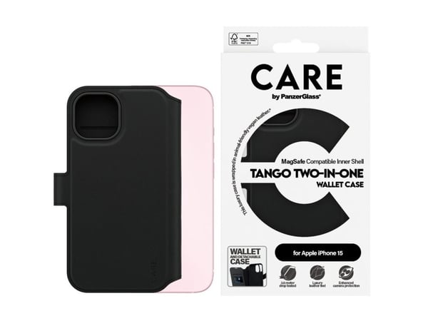 PanzerGlass CARE™ by ® Tango 2-in-1 Wallet Case w. MagSafe iPhone 15, Suojus, Apple, Apple - iPhone 15, musta