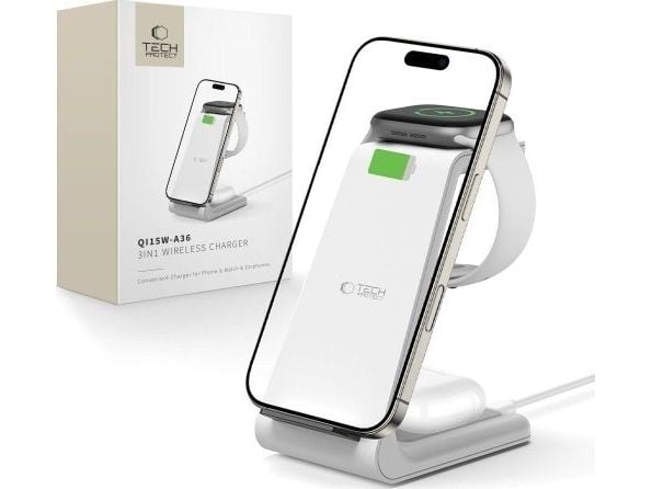 TECH-PROTECT QI15W-A36 3-i-1 trådlader for Apple hvit