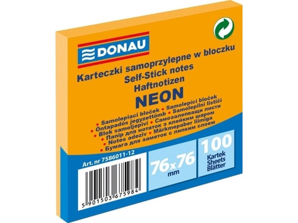Donau selvklebende blokker 76x76 mm, 1x100 ark, neon oransje 7586011-12