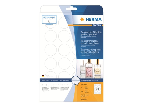 HERMA - Selv-adhesiv - gjennomsiktig - 40 mm rund 600 etikett(er) (25 ark x 24) filmetiketter HERMA - Selv-adhesiv - gjennomsiktig - 40 mm rund 600 etikett(er) (25 ark x 24) filmetiketter