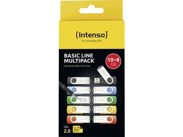 Intenso Basic Line, 8 GB, USB A-tyyppi, 2.0, 28 MB/s, Taittuva, musta, Sininen, Vihreä, Oranssi, Keltainen