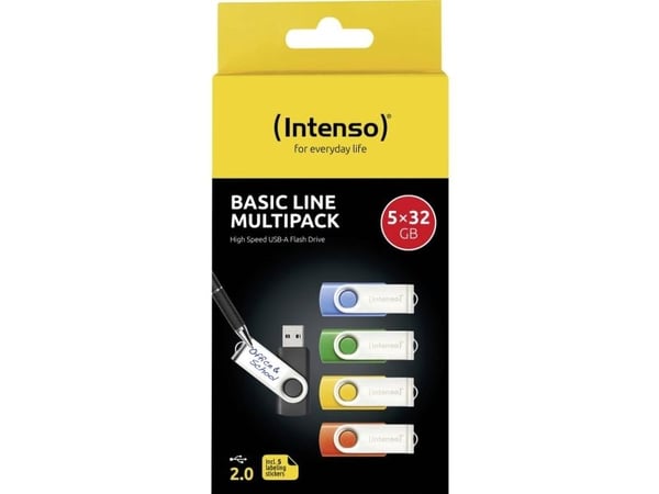 Intenso Basic Line, 32 GB, USB A-tyyppi, 2.0, 28 MB/s, Taittuva, musta, Sininen, Vihreä, Oranssi, Keltainen