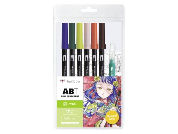 Tombow ABT-6P-MANGA-WIND, Blå, Brun, Grønn, Lysegrønn, Lyserosa, Oransje, Sort, ABT-555, -346, -133, -850, -905, -879, 6 farger, Pensel tupp, Blister