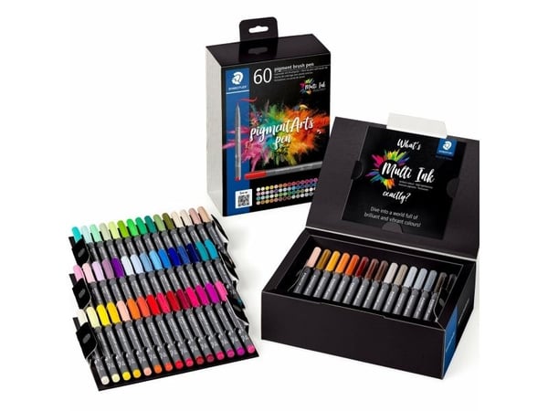 Staedtler Pigment Arts Pen, 60 farger, Flerfarget, Pensel tupp, Rund, Resirkulert plast, Vann-basert blekk