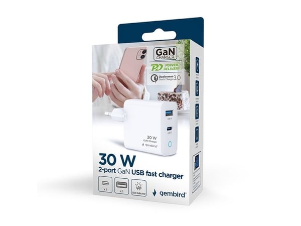 Gembird 2 Port 30W GaN USB Schnellladegerät LED Weiß TA-UC-PDQC30L-W-01, Sisätila, AC, Valkoinen