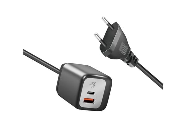 USB-laturit 1xUSB-A + 1xUSB-C kiinteällä kaapelilla 1,5m GaN 30W