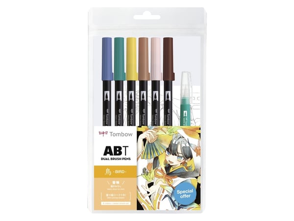 Tombow ABT-6P-MANGA-BIRD, Lyserosa, Blå, Bronse, Brun, Grønn, Gult, Sort, ABT-515, -407, -025, -912, -761, -899, 6 farger, Pensel tupp, Blister |