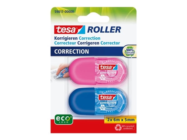 Tesa ecoLogo MINI - Retterulle - 5 mm x 6 m - plastikk, PET - pink, blå (en pakke 2)