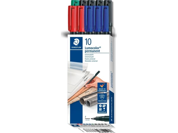 Marker Lumocolor® Permanent 0,6 mm med ass. farver blå, grøn, rød og sort - (10 stk.)