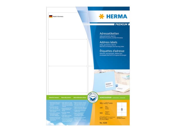 HERMA Premium - Papir - matt - permanent selv-adhesiv - hvit - 99.1 x 67.7 mm 800 etikett(er) (100 ark x 8) laminerte adresseetiketter