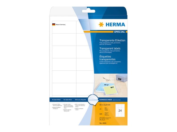 HERMA Special - Matt - permanent selv-adhesiv - gjennomsiktig - 66 x 33.8 mm 600 etikett(er) (25 ark x 24) filmetiketter