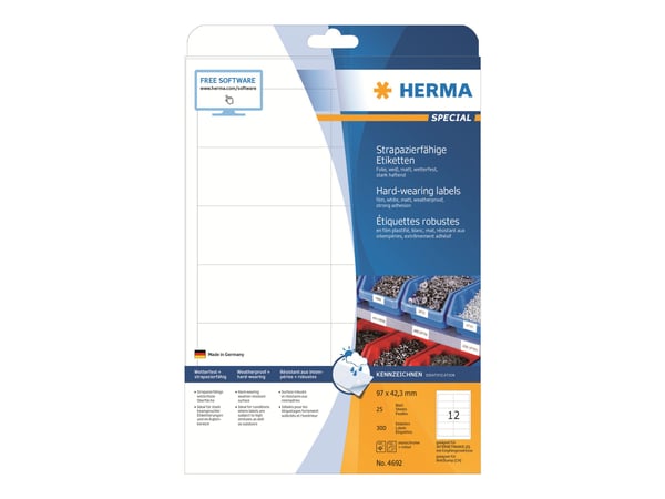 HERMA Special - Matt - permanent selvklebende - hvit - 97 x 42,3 mm 300 etikett(er) (25 ark x 12) filmetiketter