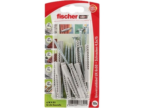 Fischer UX 6 x 50 S, Skrue- og veggpluggsett, Betong, Grå, 50 mm, 6 mm, 6,5 cm