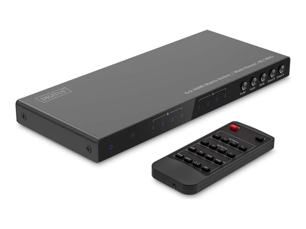 Digitus DS-55345, AV-matriseomskifter, 10,2 Gbit/sek., Sort, Metall, Knapper, Fjernkontroll, Status