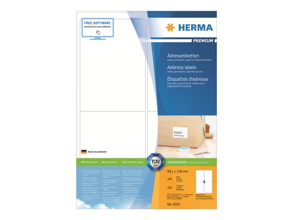HERMA Premium - Papper - matt - permanent självhäftande - vit - 99.1 x 139 mm 400 etikett (er) (100 ark x 4) laminerade adressetiketter