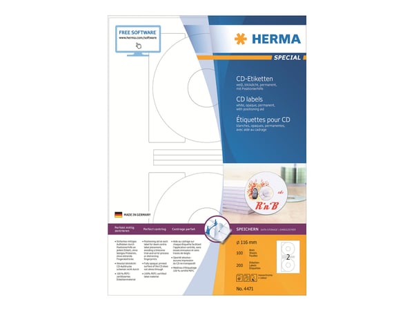 HERMA Spesial - Papir - matt - permanent selvklebende - hvit - 116 mm rund 200 etikett(er) (100 ark x 2) ugjennomsiktige CD/DVD-etiketter
