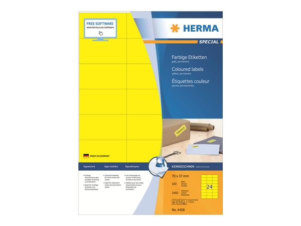 HERMA Special - Papper - matt - permanent självhäftande - gul - 70 x 37 mm 2400 etikett (er) (100 ark x 24) etiketter
