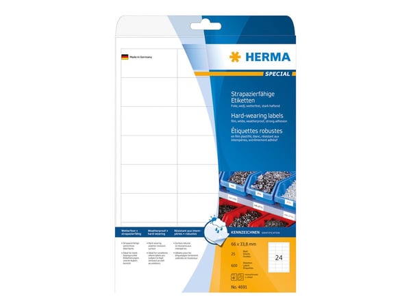 HERMA 4691, Valkoinen, Itse kiinnittyvä tulostintarra, A4, Laser, Kiinteä, Matta