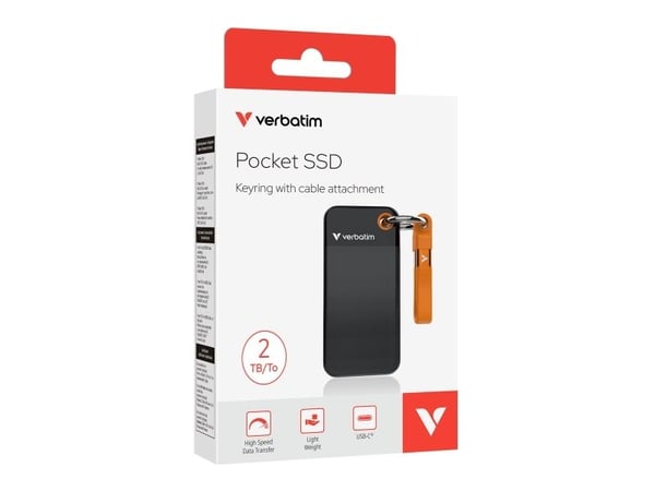 Verbatim Pocket SSD, 2 TB, USB Type-C, 3.2 Gen 2 (3.1 Gen 2), 1000 MB/s, 10 Gbit/s, musta, Oranssi
