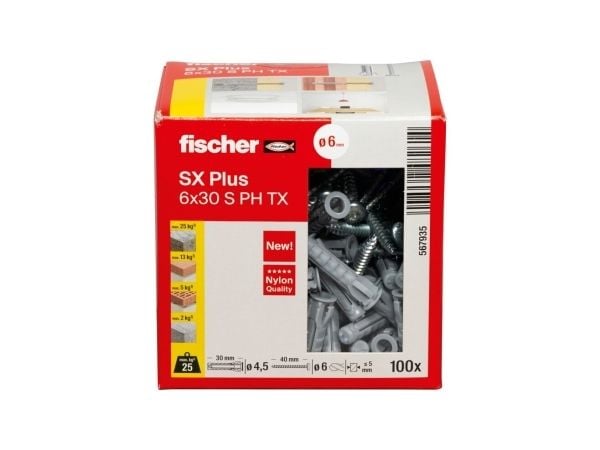 Fischer 567935, Skrue- og veggpluggsett, Lettbetong, Murstein, Betong, Gipsfiberplate, Murverk, Nylon, Grå, Torx, TX20