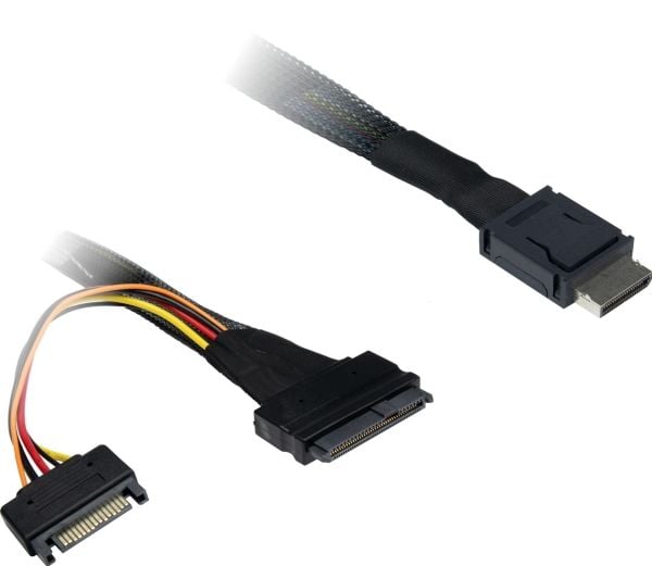 Inter-Tech - SAS intern kabel - SAS 32Gbit/s - OCuLink (SFF-8611) til SATA-strøm, U.2 (SFF-8639) - 75 cm