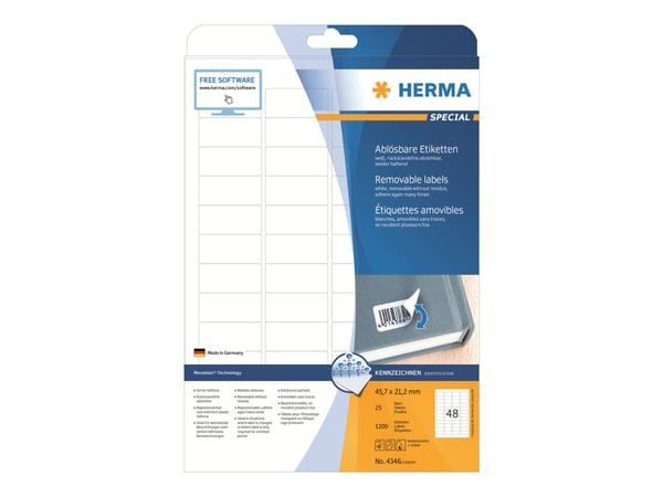 HERMA Special - Papir - matt - fjernbart selv-adhesiv - hvit - 45.7 x 21.2 mm 1200 etikett(er) (25 ark x 48) merkelapper