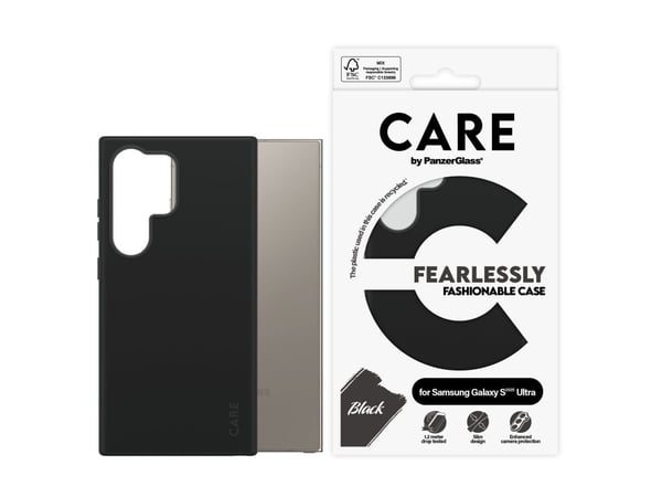 CARE by PanzerGlass - Baksidedeksel for mobiltelefon - 100 % resirkulerbar termoplastisk polyuretan (TPU) - svart - for Samsung Galaxy S25 Ultra